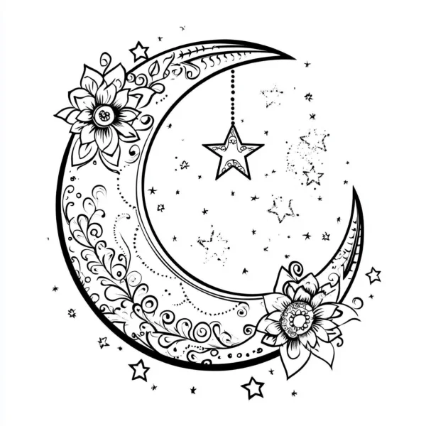 Decorative crescent moon with floral patterns, art nouveau style — free printable moon coloring book page