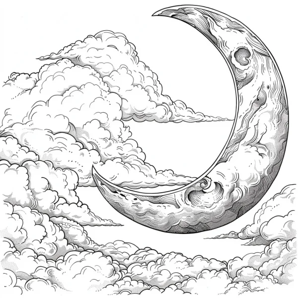 Crescent moon surrounded by fluffy clouds, sketch style — free printable dreamy coloring book page