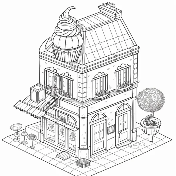 European-style dessert shop with cupcake roof decoration, cartoon style — free printable street view coloring book page
