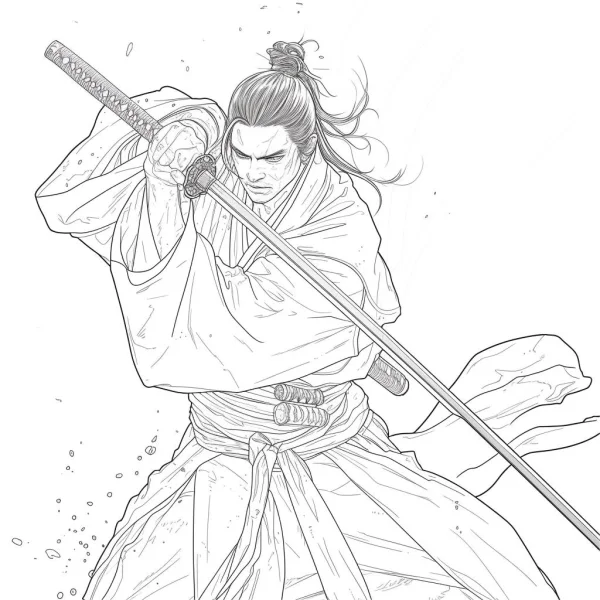 Samurai holding katana in dynamic pose, japanese style — free printable samurai coloring book page