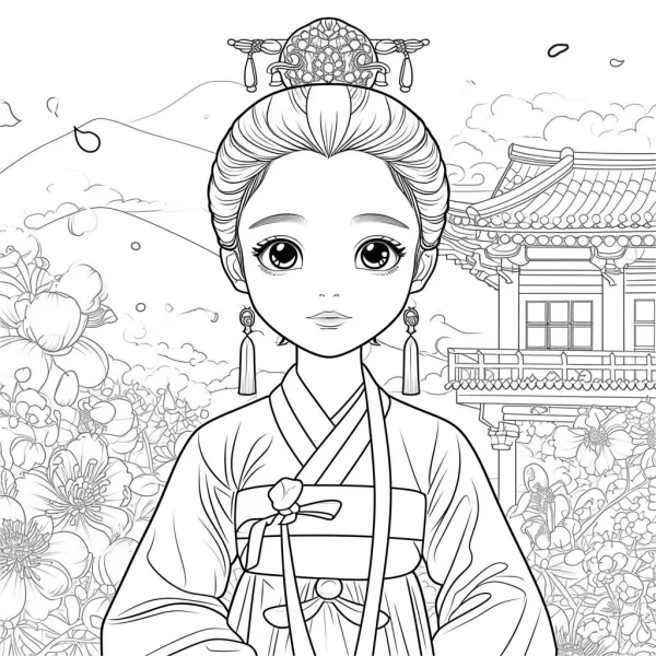 Cute cartoon girl in traditional hanbok, korean style — free printable traditional architecture coloring book page