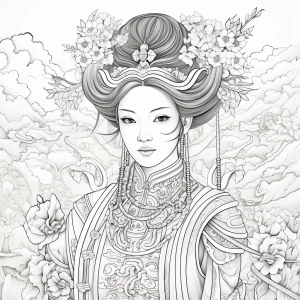 Chinese classical noble woman with elaborate traditional hair accessories and ornate clothing, chinese classical style — free printable classical figures coloring book page