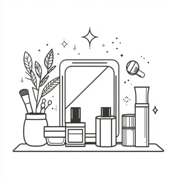 Makeup station with beauty products including mirror, nail polish — free printable beauty coloring book page