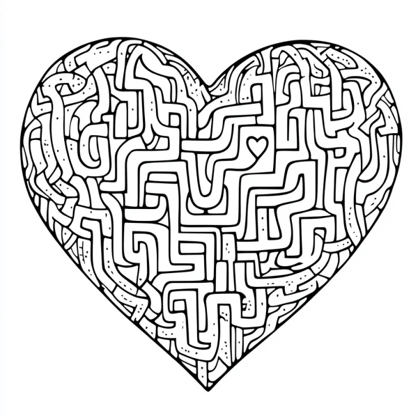 Heart-shaped maze, line art style — free printable puzzles coloring book page