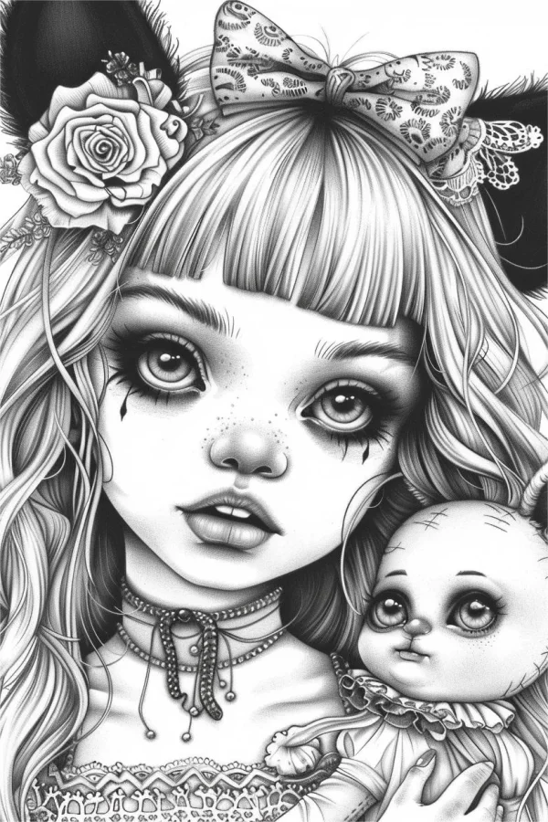Gothic cat-ear girl holding a doll, dark fairy tale style — free printable goth culture coloring book page