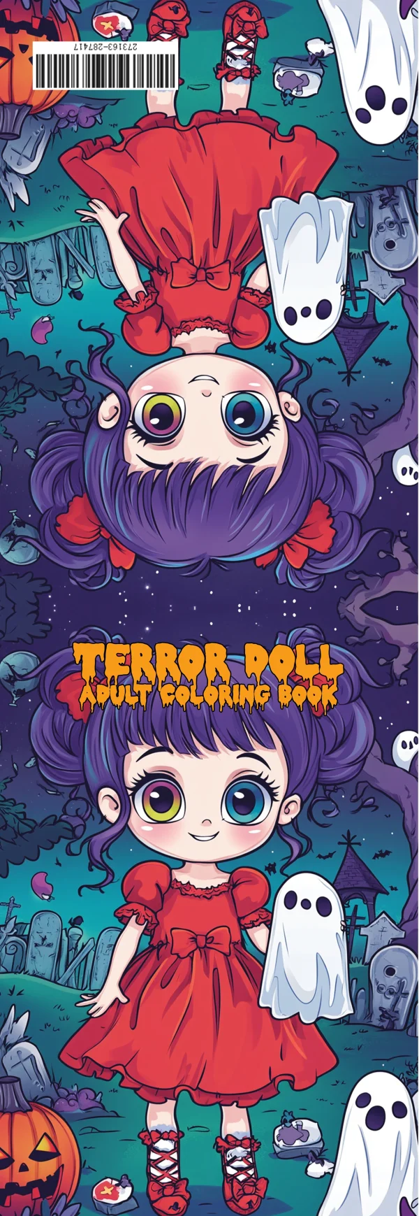 Cover of adult coloring book, terror doll girls in red dresses — free printable dolls coloring book page