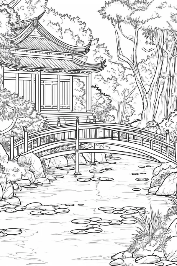 Chinese garden scene with traditional pavilion and arched stone bridge over lotus pond, chinese style — free printable gardens coloring book page