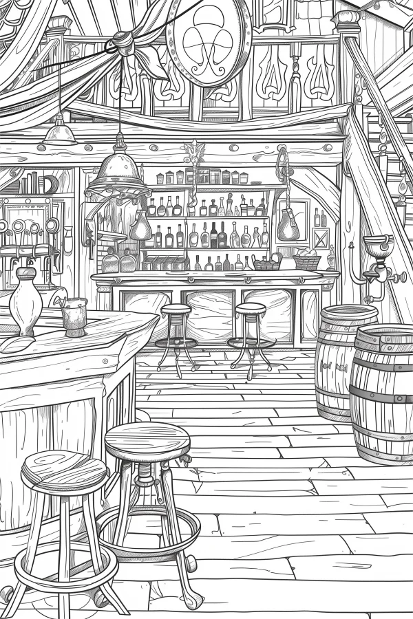 Vintage bar interior scene, retro realistic style — free printable vintage life coloring book page