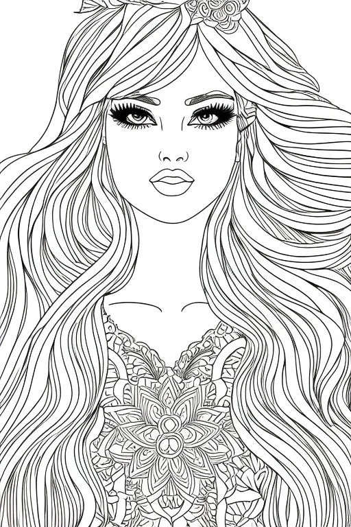 Long-haired girl with floral hair accessories, mandala-patterned collar — free printable fairy coloring book page