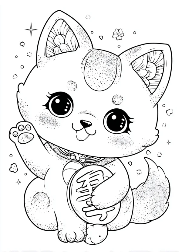 Cute maneki-neko (lucky cat) holding a longevity plaque, cartoon style — free printable spring festival coloring book page