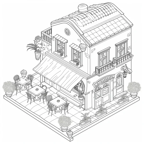 Outdoor two-story cafe building, realistic illustration style — free printable cafe coloring book page