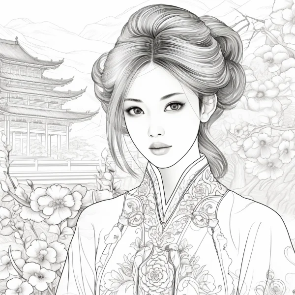 Ancient chinese hanfu woman with elegant classical bun, chinese style — free printable traditional architecture coloring book page