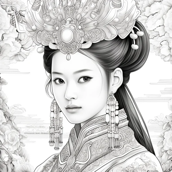 Chinese imperial court woman with elaborate phoenix headdress, chinese classical style — free printable court coloring book page