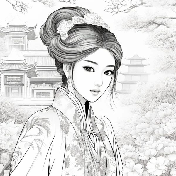 Ancient chinese style woman with floral hair accessories, traditional chinese clothing with intricate patterns — free printable classical scene coloring book page