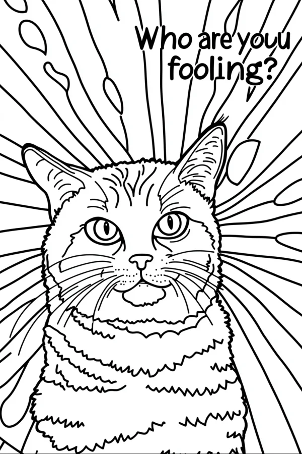 Playful grumpy cat, cartoon style — free printable quirky coloring book page