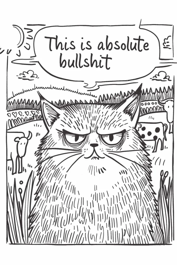 Angry fluffy cat, cartoon style — free printable humor coloring book page