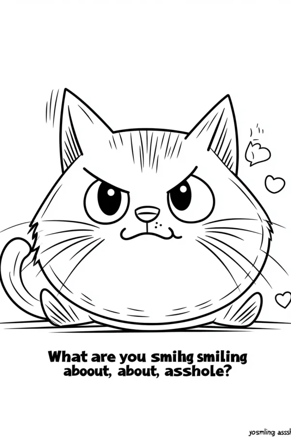 Angry grumpy cartoon cat with small heart patterns, black and white simple line art — free printable quirky coloring book page