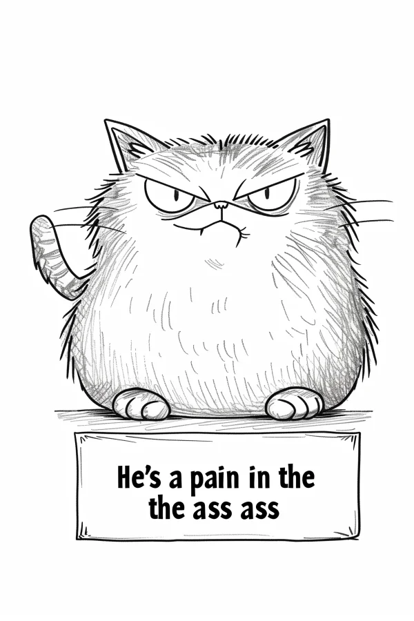 Angry fat cat, cartoon style — free printable humor coloring book page