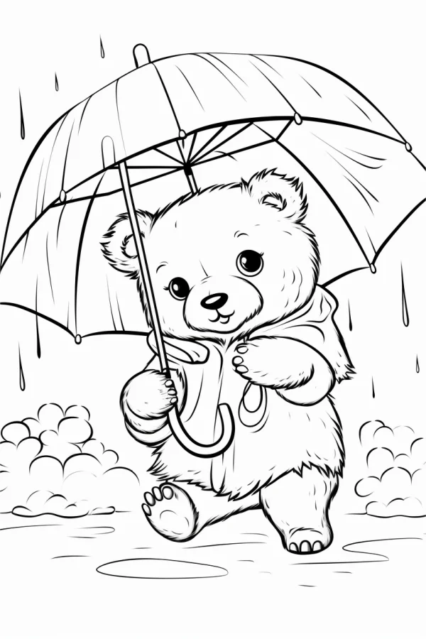Cute teddy bear holding umbrella wearing raincoat in rainy day, cartoon style — free printable rainy season coloring book page