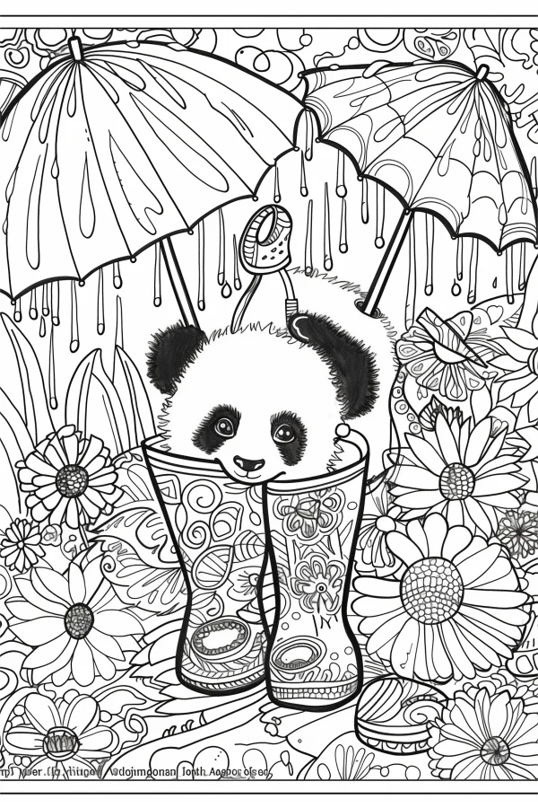 Coloring book page, cute panda inside decorative rain boots — free printable rainy season coloring book page