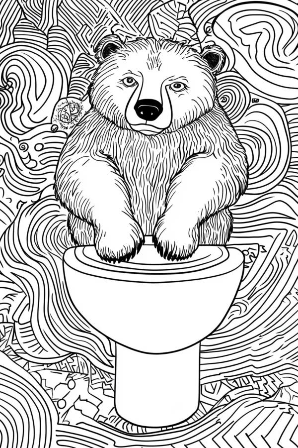 Bear sitting on a toilet, cartoon and abstract style — free printable fun life coloring book page