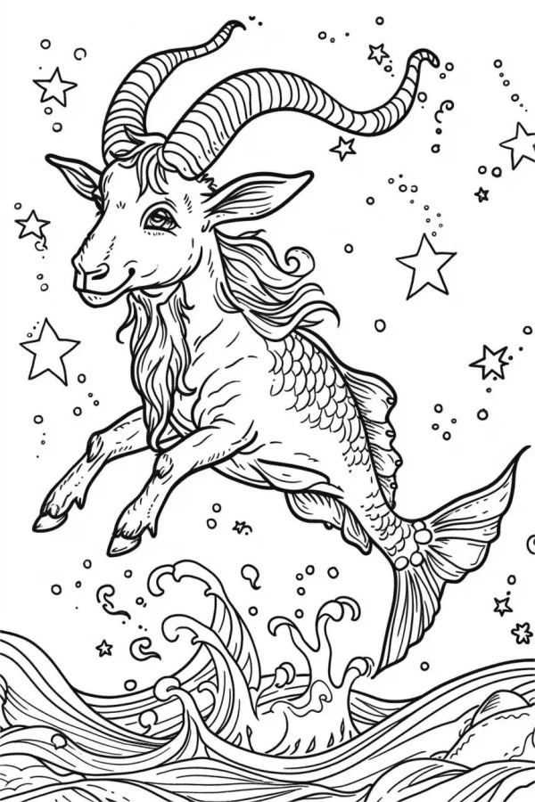 Fantasy goat with fish tail (capricorn zodiac sign), cartoon style — free printable constellations coloring book page