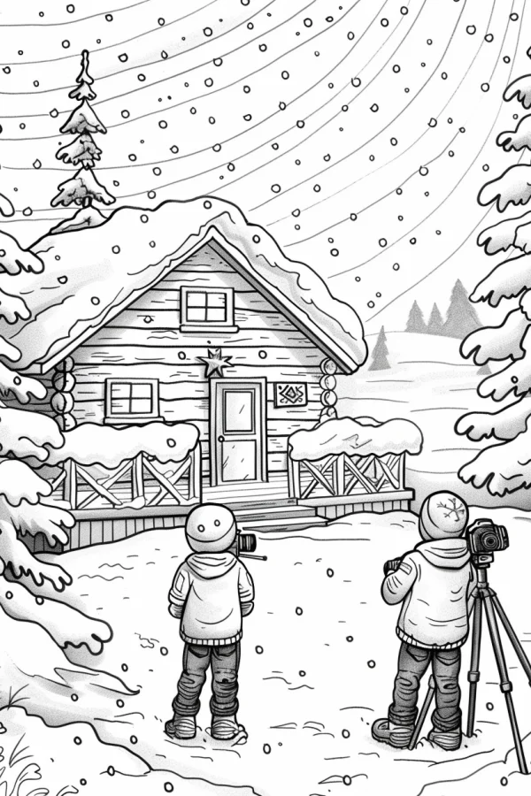 Snowy wooden cabin with two children taking photos, cartoon style — free printable photography coloring book page