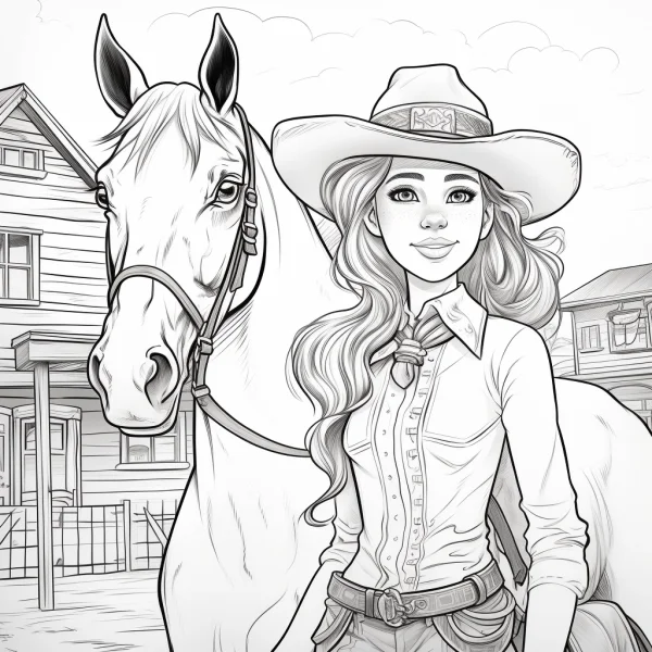 Cowgirl with horse, cartoon style — free printable cowboy coloring book page
