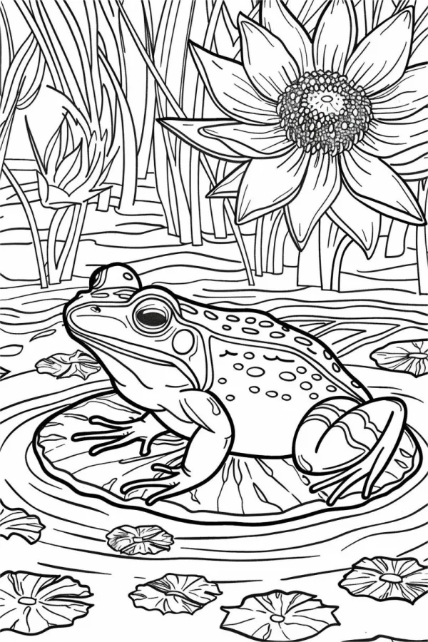Frog sitting on lotus leaf, realistic line art — free printable wetland coloring book page