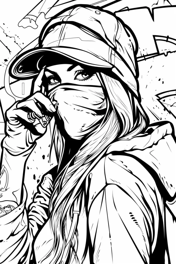 Masked street cool girl with baseball cap, street graffiti style — free printable street coloring book page