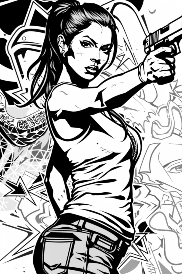 Cool girl holding a pistol, street graffiti art style — free printable street coloring book page