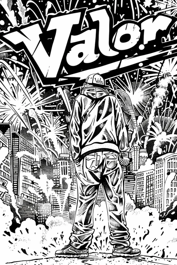 Skateboard boy standing with his back to the viewer, street graffiti and cartoon style — free printable street fashion coloring book page