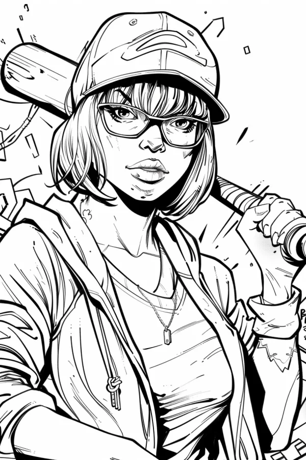 Cool girl wearing baseball cap and glasses holding a baseball bat, street graffiti style — free printable street coloring book page