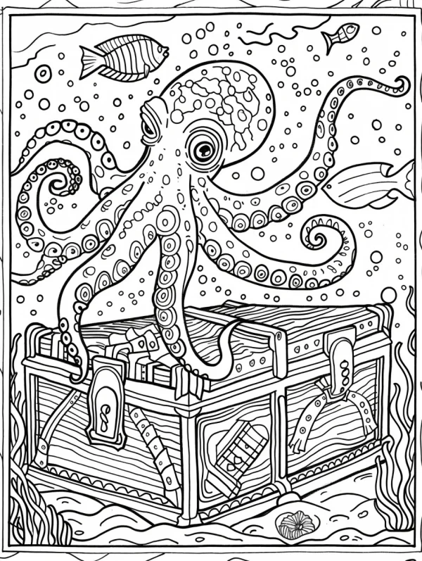 Cartoon octopus resting on a treasure chest in underwater scene, clean smooth outlines — free printable treasure hunt coloring book page