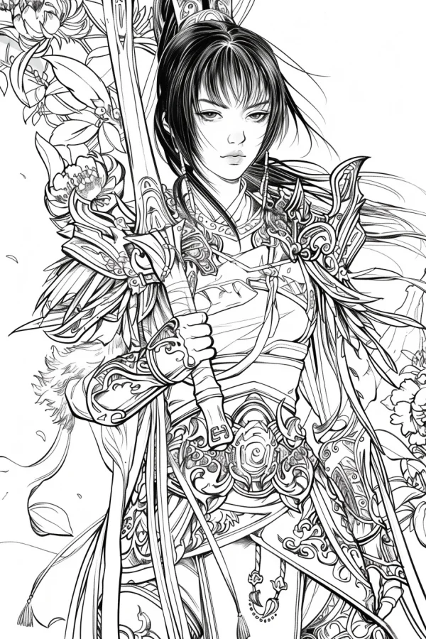 Ancient chinese female warrior in ornate traditional armor holding a sword, chinese style — free printable martial arts coloring book page