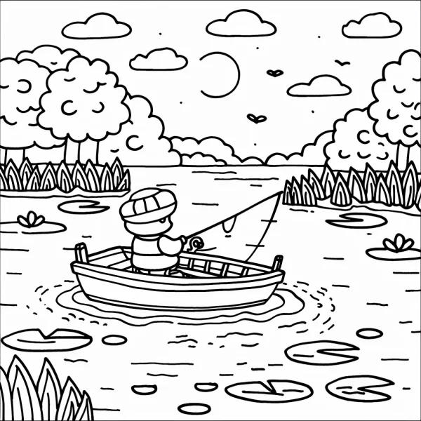 Boy fishing on a small boat in a lake, cartoon style — free printable fishing coloring book page