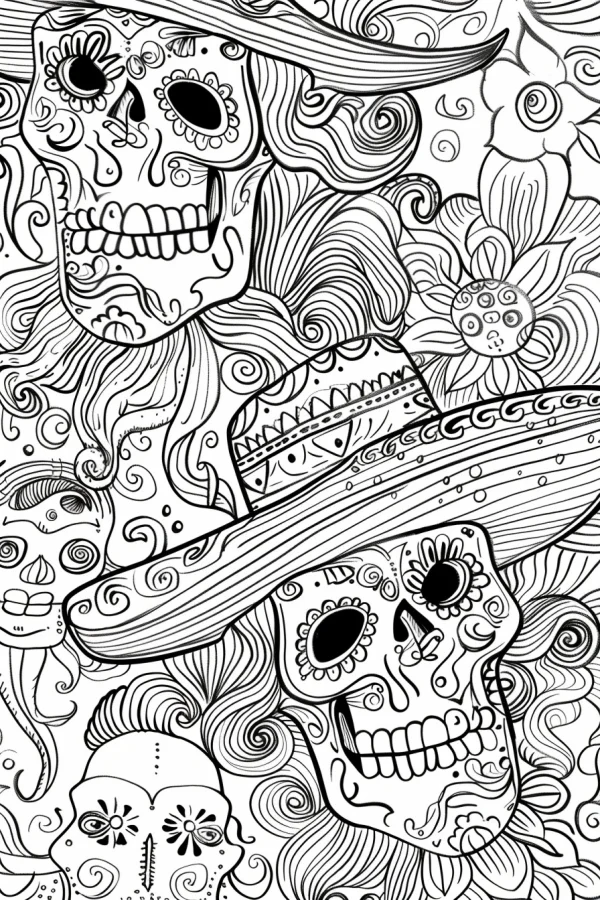 Day of the dead decorated skulls with sombreros, mexican folk art style — free printable ethnic culture coloring book page