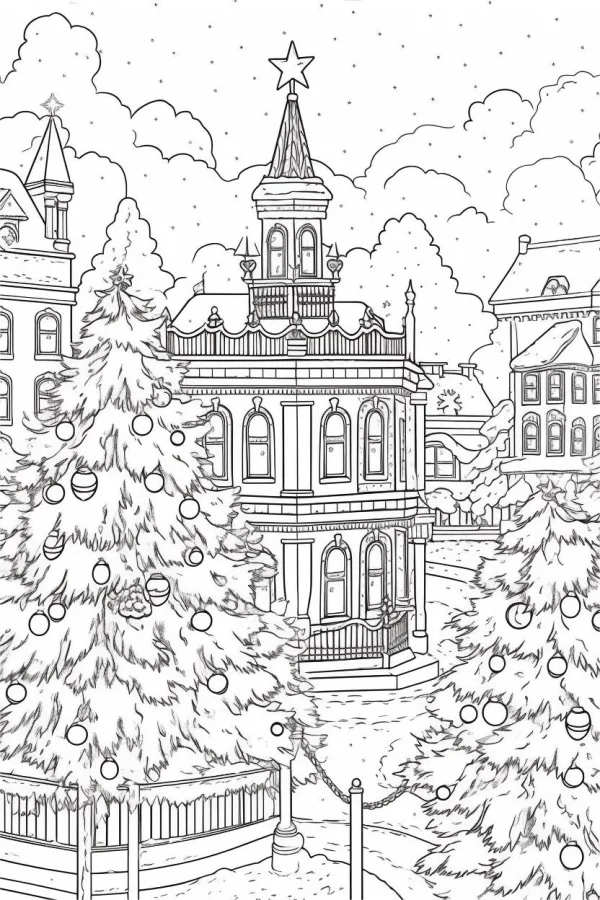 Christmas town street scene with decorated christmas trees and european-style buildings, cartoon style — free printable town landscape coloring book page