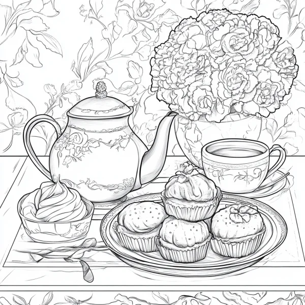 Afternoon tea set with teapot, cups — free printable afternoon tea coloring book page