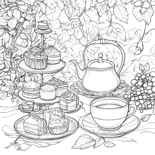 Coloring book page, afternoon tea treats and tea set including tiered stand with pastries — free printable afternoon tea coloring book page
