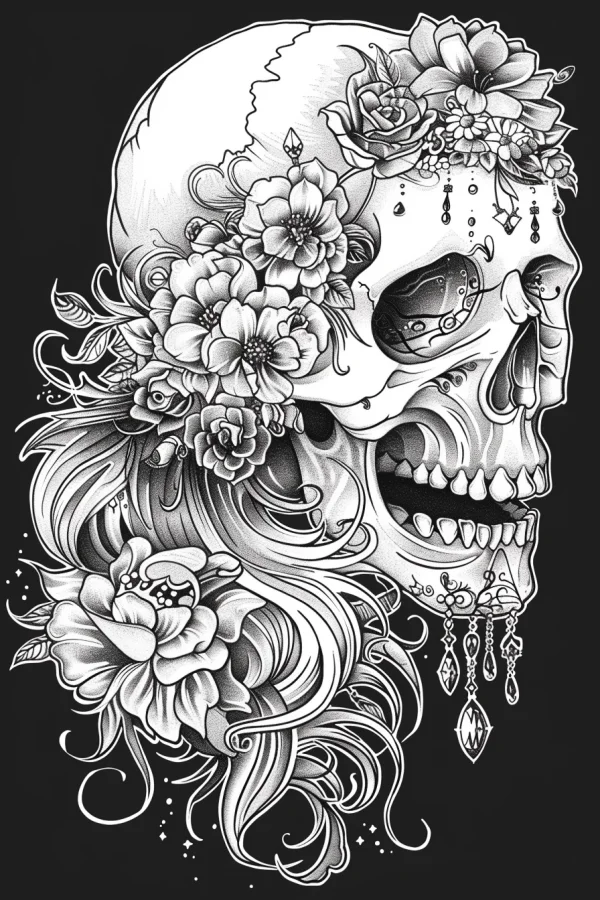 Skull adorned with roses and peonies, gothic style — free printable goth culture coloring book page