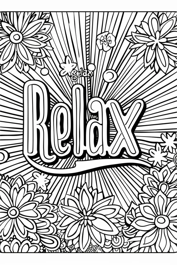 'relax' decorative art lettering with floral ornaments, line art style — free printable relaxation coloring book page