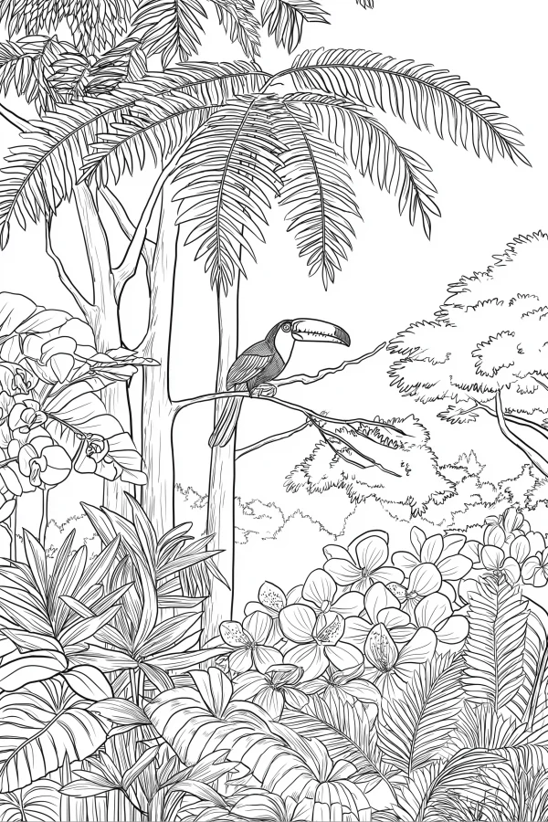 Rainforest toucan perched on a branch, realistic line art style — free printable rainforest coloring book page