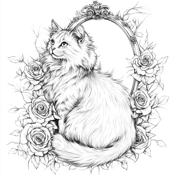 Fluffy long-haired cat surrounded by roses and an ornate decorative frame, sketch illustration style — free printable mammals coloring book page