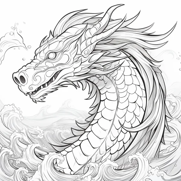 Chinese-style dragon surrounded by ocean waves, chinese art style — free printable cultural theme coloring book page