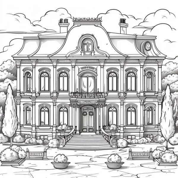 European luxury villa in victorian style, with garden — free printable cultural theme coloring book page