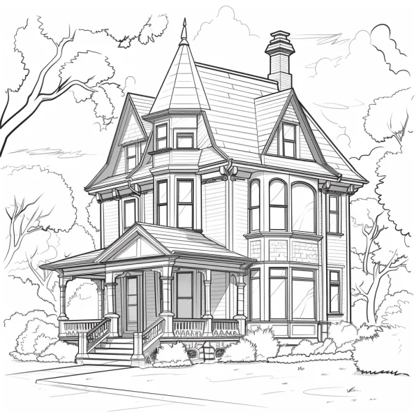 Vintage single-family house with steeple tower and chimney, realistic style — free printable residential architecture coloring book page