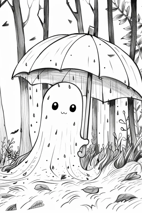 Cute ghost holding an umbrella, cartoon style — free printable rainy season coloring book page