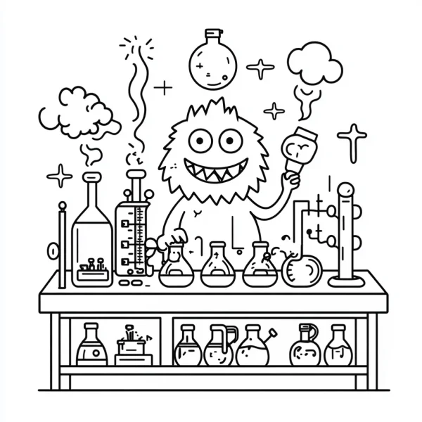 Cute cartoon little monster doing experiments in a laboratory, cartoon style — free printable science experiments coloring book page