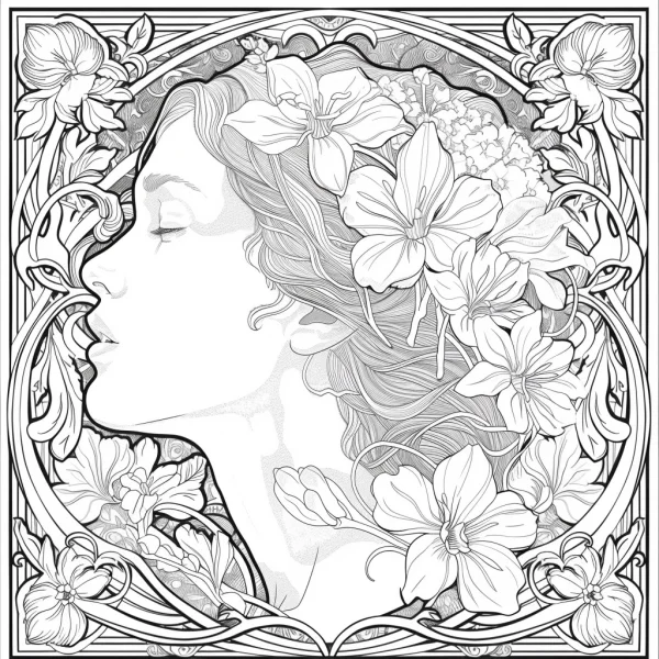 Profile of a woman surrounded by blooming flowers, art nouveau style — free printable art nouveau coloring book page